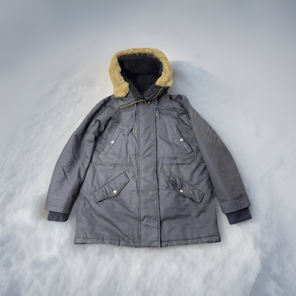 J Crew Perfect Winter Parka Navy Waxed Quilted Lined Faux Fur Hood Coat Womens L